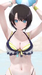 Rule 34 | 1girl, absurdres, armpits, arms up, ball, bikini, black hair, blue eyes, blurry, blurry background, breasts, cleavage, closed mouth, commentary request, highres, holding, holding ball, hololive, hololive summer 2023 swimsuit, large breasts, looking at viewer, mikaku, multicolored bikini, multicolored clothes, navel, ocean, official alternate costume, oozora subaru, parted bangs, short hair, simple background, solo, stomach, swimsuit, upper body, very short hair, virtual youtuber, water, white background