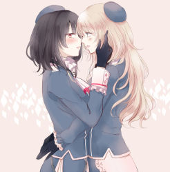 Rule 34 | 10s, 2girls, atago (kancolle), beret, black gloves, black hair, blonde hair, blush, gloves, hat, imminent kiss, kantai collection, long hair, looking at another, looking away, md5 mismatch, multiple girls, short hair, simple background, sui (camellia), takao (kancolle), uniform, yuri
