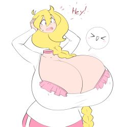 Rule 34 | 1girl, animated, animated gif, blonde hair, bouncing breasts, braid, breasts, cassie (theycallhimcake), choker, cleavage, curvy, dullahan, covered erect nipples, gigantic breasts, headless, highres, original, simple background, solo, sweat, theycallhimcake