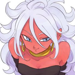 Rule 34 | 1girl, android 21, bandeau, bare shoulders, blue eyes, breasts, choker, cleavage, collarbone, dragon ball, dragon ball fighterz, ear piercing, earrings, half-closed eyes, highres, hoop earrings, jewelry, light persona, long hair, majin android 21, messy hair, off shoulder, piercing, pointy ears, smile, strapless, tkgsize, tube top, upper body, very long hair, white hair
