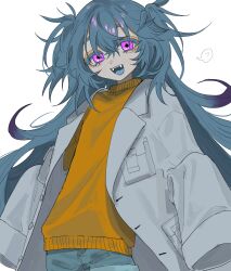Rule 34 | 1girl, absurdres, blue hair, blue shorts, fangs, grey jacket, highres, jacket, long hair, looking at viewer, oishea, open clothes, open jacket, original, oversized jacket, purple eyes, shorts, simple background, solo, speech bubble, standing, sweater, teeth, turtleneck, turtleneck sweater, upper teeth only, white background, yellow sweater