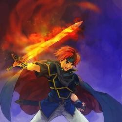 Rule 34 | 1boy, armor, blue eyes, cape, fighting stance, fingerless gloves, fire, fire emblem, fire emblem: the binding blade, flaming sword, flaming weapon, gloves, headband, holding, holding weapon, kaito (sawayakasawaday), male focus, nintendo, red hair, roy (fire emblem), short sleeves, simple background, smile, solo, sword, weapon