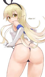 Rule 34 | &gt;:o, 10s, 1girl, :o, ass, bare shoulders, blonde hair, breasts, cowboy shot, detached sleeves, elbow gloves, from behind, gloves, hairband, highleg, highleg panties, highres, kantai collection, long hair, okitsugu, open mouth, panties, school uniform, serafuku, shimakaze (kancolle), shirt, sleeveless, sleeveless shirt, small breasts, solo, thighs, thong, underwear, v-shaped eyebrows, white gloves, yellow eyes