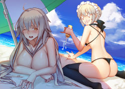 Rule 34 | arm support, artoria pendragon (all), artoria pendragon (alter swimsuit rider) (second ascension) (fate), artoria pendragon (fate), ass, ass grab, beach, beach towel, beach umbrella, bikini, blonde hair, blood, blush, breast press, breasts, choker, cloud, day, fate/grand order, fate (series), female pervert, grin, jeanne d&#039;arc (fate), jeanne d&#039;arc (ruler) (fate), jeanne d&#039;arc alter (avenger) (fate), jeanne d&#039;arc alter (fate), large breasts, looking back, lotion, nosebleed, nude, one eye closed, open mouth, outdoors, pervert, saber alter, shoulder blades, sky, smile, swimsuit, thighhighs, thong bikini, towel, ttheyue, umbrella, water, wince, you gonna get raped, yuri