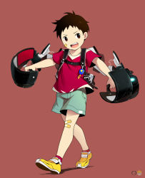 Rule 34 | 1boy, bandaid, bandaid on face, bandaid on knee, bandaid on leg, brown eyes, brown hair, male focus, noeyebrow (mauve), open mouth, original, resolution mismatch, science fiction, short hair, shorts, simple background, solo, source larger, treize (mauve), walking