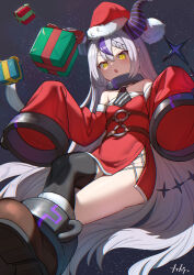 Rule 34 | 1girl, absurdres, arpeggio kaga, artist name, bare shoulders, black necktie, black thighhighs, boots, braid, braided bangs, brown footwear, christmas, crossed legs, demon horns, dress, floating, foreshortening, gift, hat, highres, hololive, horns, jewelry, la+ darknesss, long hair, looking at viewer, multicolored hair, neck ring, necktie, off-shoulder dress, off shoulder, pointy ears, purple hair, red dress, red hat, santa hat, short dress, side slit, signature, single thighhigh, sleeves past fingers, sleeves past wrists, slit pupils, solo, star (symbol), starry background, streaked hair, thighhighs, very long hair, virtual youtuber, yellow eyes