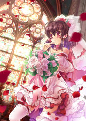 Rule 34 | 1girl, bare shoulders, blurry, blush, bouquet, brown hair, depth of field, detached sleeves, dress, dutch angle, female focus, flower, hakurei reimu, headdress, highres, japanese clothes, kingchenxi, laces, miko, petals, red eyes, rose, solo, stained glass, thighhighs, touhou, wedding dress