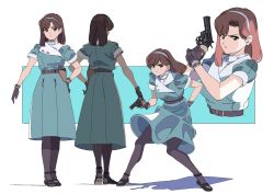 Rule 34 | 1girl, aqua dress, belt, black footwear, brown hair, character request, copyright request, cropped torso, dress, edoya inuhachi, frown, full body, gloves, grey eyes, grey gloves, grey pantyhose, gun, hairband, handgun, highres, holding, holding gun, holding weapon, looking at viewer, medium hair, multiple views, pantyhose, parted lips, revolver, short sleeves, simple background, smile, standing, swept bangs, trigger discipline, upper body, weapon, white background, white hairband