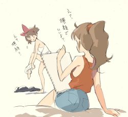 Rule 34 | 2girls, bare arms, bare legs, bare shoulders, black dress, blue skirt, blush stickers, bow, brown hair, brown tank top, dress, unworn dress, facing another, flying sweatdrops, hair bow, hairband, kiki (majo no takkyuubin), looking at another, majo no takkyuubin, multiple girls, panties, panties around leg, parted lips, ponytail, popman3580, red bow, red hairband, shirt, sitting, sketch, skirt, standing, standing on one leg, tank top, translated, underwear, undressing, ursula (majo no takkyuubin), white panties, white shirt