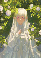 Rule 34 | 1girl, absurdres, arm at side, blunt bangs, bush, dappled sunlight, dress, flower, frills, gejiandenghuo, gem, green gemstone, hand up, highres, holding, holding jewelry, jewelry, unworn jewelry, long hair, long sleeves, looking at viewer, nature, necklace, unworn necklace, original, parted lips, red eyes, rose, sidelocks, solo, straight-on, sunlight, upper body, white dress, white flower, white hair, white rose