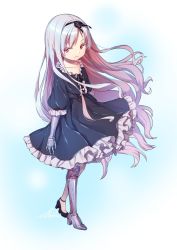 Rule 34 | 1girl, amputee, child, dress, expressionless, female focus, flat chest, frilled dress, frills, full body, high heels, highres, long hair, mitake eil, original, prosthesis, red eyes, silver hair, solo