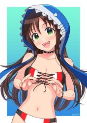 Rule 34 | 1girl, animal hood, bikini, blush, bracelet, breasts, brown hair, cleavage, collar, collarbone, commentary, cross-laced bikini, cross-laced clothes, fangs, gradient background, green eyes, hands up, highres, himekawa yuki, hood, idolmaster, idolmaster cinderella girls, jewelry, long hair, looking at viewer, medium breasts, multicolored bikini, multicolored clothes, navel, open mouth, shark hood, smile, solo, spiked bracelet, spiked collar, spikes, stomach, swimsuit, teeth, upper teeth only, wgm oekaki