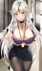 Rule 34 | 1girl, bad id, bad pixiv id, black pantyhose, blush, bra, breasts, choker, contemporary, earrings, genshin impact, hair ornament, hands up, highres, icons (1452697582), id card, jewelry, large breasts, lips, long hair, nail polish, ningguang (genshin impact), office lady, open clothes, open shirt, orange eyes, pantyhose, parted bangs, pencil skirt, purple bra, shirt, short sleeves, skirt, smile, solo, unbuttoned, underwear, vision (genshin impact), white hair, white shirt, wristband