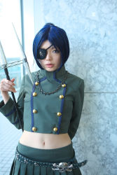 Rule 34 | 1girl, asian, belt, blue hair, breasts, chrome dokuro, color contacts, cosplay, eyepatch, female focus, highres, indoors, katekyo hitman reborn!, looking at viewer, midriff, miniskirt, namada, parted lips, photo (medium), pleated skirt, polearm, short hair, skirt, skull and crossbones, skull belt, small breasts, solo, spear, standing, trident, uniform, weapon