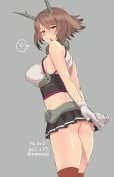 Rule 34 | 10s, 1girl, anger vein, arms behind back, artist name, ass, bare shoulders, black socks, blush, breasts, dated, female focus, from below, green eyes, grey background, hair between eyes, headgear, kantai collection, kneehighs, large breasts, light brown hair, looking at viewer, midriff, mutsu (kancolle), natsuhiko, pout, short hair, simple background, socks, solo, spoken anger vein, upskirt