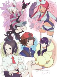 Rule 34 | 2boys, 3girls, ;d, baseball cap, bass guitar, black hair, blue eyes, blunt bangs, blush, boots, brown eyes, brown hair, burakku mutou, cheren (pokemon), closed mouth, coat, collared shirt, commentary request, creatures (company), cropped jacket, dress, elesa (pokemon), eyelashes, fur coat, game freak, gloves, gym leader, hair bobbles, hair ornament, hat, headphones, heart, heart in mouth, highres, hilbert (pokemon), holding, instrument, invisible chair, jacket, long sleeves, looking at viewer, midriff, multiple boys, multiple girls, necktie, nintendo, one eye closed, one side up, open mouth, parted lips, pokemon, pokemon bw, pokemon bw2, red hair, red neckwear, roxie (pokemon), shirt, short hair, short hair with long locks, short shorts, shorts, sidelocks, sitting, skyla (pokemon), sleeves rolled up, smile, sparkle, spiked hair, striped clothes, striped dress, teeth, tongue, topknot, translation request, two-tone dress, upper teeth only, white hair, white shirt, yellow coat, zipper pull tab