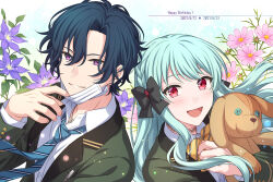 Rule 34 | 2boys, amahashi yukiya, aqua hair, back-to-back, black bow, blue hair, blue necktie, blush, bow, choker, clematis (flower), collared shirt, dated, flower, green jacket, grin, hair bow, happy birthday, highres, holding, holding stuffed toy, jacket, jewelry, long hair, long sleeves, looking at viewer, mask, mask pull, miwa tomoe, mouth mask, multiple boys, necklace, necktie, on air!, open mouth, pink flower, purple eyes, purple flower, red eyes, sekina, shirt, short hair, smile, striped necktie, stuffed animal, stuffed dog, stuffed toy, surgical mask, upper body, white shirt, yellow necktie