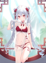 Rule 34 | 1girl, :o, ahoge, blurry, blurry background, bow, breasts, depth of field, double bun, flower, grey hair, hair between eyes, hair bow, hair bun, hair flower, hair ornament, hand up, highres, long hair, looking at viewer, nail polish, navel, omelet tomato, original, panties, parted lips, red bow, red eyes, red flower, red nails, red panties, red rose, rose, round window, see-through, small breasts, solo, twintails, underwear, very long hair, window