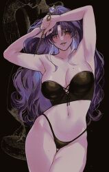 Rule 34 | 1girl, bare shoulders, black panties, blush, breasts, cleavage, collarbone, garofano (path to nowhere), holding, holding needle, large breasts, long hair, looking at viewer, mamaloni, mole, mole on breast, mole under mouth, needle, nipples, panties, path to nowhere, purple hair, seductive smile, smile, statue, underwear, white hair