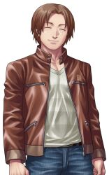 Rule 34 | 1boy, arms at sides, belt, brown hair, brown jacket, buttons, closed eyes, closed mouth, denim, facing viewer, fusaishi haruaki, jacket, jeans, kagelow, long sleeves, male focus, official art, open clothes, open jacket, pants, raging loop, short hair, solo, tachi-e, third-party source, transparent background, variant set, zipper, zipper pull tab
