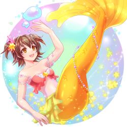 Rule 34 | 1girl, :d, air bubble, akagi miria, arm up, armpits, bandeau, bare shoulders, breasts, brown eyes, brown hair, bubble, collarbone, commentary request, commission, coral hair ornament, full body, hair between eyes, hair ornament, idolmaster, idolmaster cinderella girls, looking up, mermaid, monster girl, monsterification, navel, open mouth, red bandeau, short hair, sidelocks, skeb commission, skirt, small breasts, smile, solo, star (symbol), star hair ornament, teeth, two side up, upper teeth only, yakou (mofumofu117117), yellow skirt