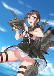 Rule 34 | 10s, 1girl, blush, brown eyes, cloud, commentary, day, detached collar, dress, fubuki (kancolle), hiememiko, highres, kantai collection, open mouth, panties, pantyshot, ponytail, short hair, sky, standing, tears, topless, turret, underwear