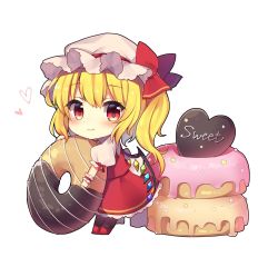 Rule 34 | 1girl, black thighhighs, blonde hair, blush, bow, chibi, commentary request, crystal, dot nose, doughnut, english text, eyelashes, flandre scarlet, food, frills, full body, hat, hat bow, hat ribbon, heart, highres, icing, looking at viewer, mini person, minigirl, mob cap, multicolored wings, one side up, oversized object, puffy short sleeves, puffy sleeves, red bow, red eyes, red footwear, red ribbon, ribbon, ruhika, short hair, short sleeves, side ponytail, simple background, smile, solo, sparkle, sprinkles, standing, thighhighs, touhou, white background, white hat, wings, wrist cuffs