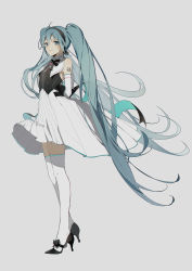 Rule 34 | 1girl, absurdres, ahoge, bad id, bad pixiv id, bare shoulders, blue eyes, blue hair, bow, collar, dress, elbow gloves, footwear bow, frilled collar, frills, full body, gloves, hairband, hatsune miku, high heels, highres, long hair, miku symphony (vocaloid), neck ribbon, pleated skirt, ribbon, shoes, simple background, skirt, sleeveless, smile, solo, standing, tattoo, thighhighs, twintails, very long hair, vocaloid, white thighhighs, zhibuji loom