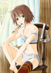 Rule 34 | 00s, 1girl, bare shoulders, brown hair, brushing teeth, chair, curtains, flat chest, goggles, green eyes, highres, panties, poo77, rita mordio, sexually suggestive, short hair, sitting, solo, sports bra, strap slip, tales of (series), tales of vesperia, thighhighs, toothbrush, toothpaste, underwear, underwear only, wind