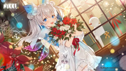 Rule 34 | 1girl, animal ear fluff, animal ears, blue bow, blue eyes, blue hair, blush, bouquet, bow, box, christmas, christmas tree, commentary, dress, english commentary, flower, fur trim, gift, gift box, goddess of victory: nikke, hair ornament, highres, holding, holding bouquet, logo, long hair, looking at viewer, mmu, n102 (miracle fairy) (nikke), n102 (nikke), official art, open mouth, red flower, snowman, solo, teeth, upper teeth only, white bow, white dress, white flower, white hair, window, wings