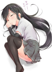 Rule 34 | 10s, 1girl, arm warmers, asashio (kancolle), black hair, black thighhighs, closed eyes, fetal position, highres, kantai collection, long hair, lying, on side, pleated skirt, school uniform, simple background, skirt, sleeping, solo, suspenders, thighhighs, thumb sucking, translation request, umakuchi shouyu (into-rain), white background
