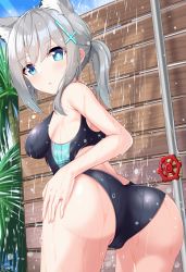 Rule 34 | 1girl, animal ear fluff, animal ears, ass, black one-piece swimsuit, blue archive, blue eyes, breasts, commentary, competition swimsuit, day, english commentary, grey hair, hair ornament, hayana neru, highres, looking at viewer, looking back, medium breasts, one-piece swimsuit, outdoors, parted lips, ponytail, shiroko (blue archive), showering, sideboob, sidelocks, solo, swimsuit, thighs, valve, water drop, wet, x hair ornament
