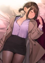 Rule 34 | 1girl, black skirt, blush, bra, bra peek, brown coat, brown hair, brown pantyhose, coat, collared shirt, commentary request, douki-chan (douki-chan), earrings, closed eyes, ganbare douki-chan, highres, jewelry, office lady, open clothes, open coat, pantyhose, pencil skirt, shirt, shirt tucked in, sidelocks, skirt, sleeping, solo, trench coat, underwear, yomu (sgt epper)