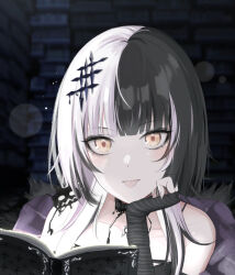 Rule 34 | 1girl, black hair, book, coat, collarbone, commentary, english commentary, freesia (yueyueycw1), fur-trimmed coat, fur trim, head rest, hololive, hololive english, looking at viewer, medium hair, multicolored hair, open book, shiori novella, single bare shoulder, solo, split-color hair, streaked hair, tongue, tongue out, upper body, virtual youtuber, white hair, yellow eyes