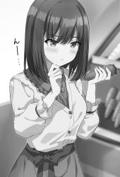 Rule 34 | 1girl, blurry, blurry background, blush, bow, breasts, carrot, closed mouth, collared shirt, commentary request, depth of field, dress shirt, food, frilled shirt collar, frills, greyscale, hair between eyes, hands up, highres, holding, holding food, jacket, long sleeves, looking at food, looking away, maruma (maruma gic), medium breasts, monochrome, original, puffy long sleeves, puffy sleeves, shirt, skirt, solo