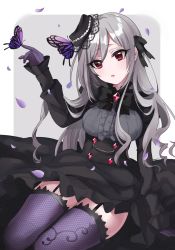 Rule 34 | 10s, 1girl, animal, arm at side, bad id, bad pixiv id, black bow, black bowtie, black dress, black hat, black ribbon, border, bow, bowtie, breasts, brooch, bug, butterfly, butterfly on hand, butterfly on head, center frills, cowboy shot, crystal, dress, drill hair, eyebrows, eyelashes, framed breasts, frills, garter straps, gloves, grey background, grey hair, hair between eyes, hair down, hair ribbon, hand up, hat, head tilt, hexagon, idolmaster, idolmaster cinderella girls, idolmaster cinderella girls starlight stage, insect, jewelry, kanzaki ranko, lace, lace gloves, large breasts, lolita fashion, long hair, long sleeves, misumi (macaroni), outside border, parted lips, petals, puffy sleeves, purple gloves, purple thighhighs, red eyes, ribbon, rounded corners, solo, thighhighs, white border