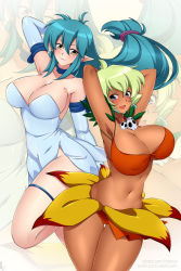 Rule 34 | 2girls, areola slip, armpits, arms behind head, blonde hair, blue eyes, blue hair, bouncing breasts, breasts, cleavage, covered erect nipples, dress, elbow gloves, gloves, jungle de ikou, large breasts, lindaroze, long hair, mii (jungle de ikou), multiple girls, navel, pointy ears, rongo, strapless, strapless dress, thigh gap, yellow eyes