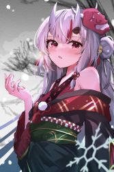 Rule 34 | 1girl, :o, absurdres, bare shoulders, bell, blush, breath, cold, commentary request, double bun, hair bell, hair bun, hair ornament, highres, hololive, horns, long hair, long sleeves, looking at viewer, mask, mask on head, multicolored hair, nakiri ayame, nakiri ayame (1st costume), oni mask, outdoors, red eyes, red hair, skin-covered horns, snow, snowflakes, solo, soyoghi, streaked hair, upper body, virtual youtuber, white hair