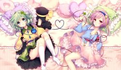 Rule 34 | 2girls, :3, black hat, blue shirt, blush, closed mouth, clover, commentary request, expressionless, eyeball, floral print, four-leaf clover, from above, green eyes, green hair, green skirt, hairband, hat, hat ribbon, heart, heart-shaped pillow, heart of string, holding, holding clothes, holding hat, holding leaf, kneehighs, komeiji koishi, komeiji satori, leaf, long sleeves, looking at viewer, lying, masaru.jp, multiple girls, on back, on bed, open clothes, open shirt, pillow, pink eyes, pink hair, pink skirt, ribbon, rose print, shirt, short hair, skirt, socks, sparkle, thighs, third eye, touhou, unworn hat, unworn headwear, white legwear, wide sleeves, yellow ribbon, yellow shirt