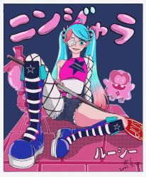 Rule 34 | 1girl, absurdres, blue hair, boots, eyepatch, highres, lucy (ninjala), ninjala, nintendo, road sign, sign, stop sign, twintails