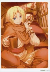 Rule 34 | 1girl, absurdres, blonde hair, blue eyes, boat, brown coat, brown pants, closed mouth, coat, eve bolan, hair between eyes, hair intakes, highres, holding, indian style, koume keito, long sleeves, looking at viewer, official art, page number, pants, scan, shirt, sitting, smile, solo, spice and wolf, watercraft, white shirt