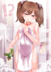 Rule 34 | !?, 10s, 1girl, aircraft, airplane, areola slip, blush, breasts, brown eyes, brown hair, unworn clothes, covering privates, hair ornament, hat, unworn hat, unworn headwear, kantai collection, karochii, long hair, looking at viewer, open mouth, ryuujou (kancolle), small breasts, solo, steam, sweatdrop, towel, twintails