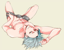 Rule 34 | 10s, 1boy, abs, ban (nanatsu no taizai), blue hair, briefs, bulge, looking at viewer, lying, male focus, male underwear, muscular, nanatsu no taizai, on back, peeking out, penis, pink eyes, pov, simple background, solo, toroi, underwear, undressing, yellow background
