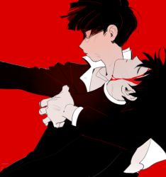 Rule 34 | 2boys, angry, black hair, black jacket, bleeding, blood, blood on face, blunt bangs, bowl cut, brothers, closed eyes, closed mouth, gakuran, injury, jacket, kageyama ritsu, kageyama shigeo, long sleeves, looking away, male focus, mob psycho 100, multiple boys, outstretched arm, profile, protecting, red background, red theme, reka (404percent), school uniform, scratches, short hair, siblings, simple background, unconscious, upper body