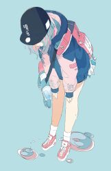 Rule 34 | 1girl, aqua background, bag, bare legs, baseball cap, black hat, blue background, blue hair, bottle, closed mouth, colored inner hair, commentary, daisukerichard, flat color, full body, hat, highres, hood, hood down, hoodie, jacket, leaning forward, long sleeves, multicolored hair, original, pink bag, pink footwear, pink hair, shade, shoes, simple background, sleeves past wrists, sneakers, socks, solo, standing, translation request, two-tone hair, white socks