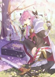 Rule 34 | 1boy, armor, astolfo (fate), backpack, bag, black bow, black ribbon, black shirt, black thighhighs, blanket, boots, bow, braid, branch, buckle, cape, cherry blossoms, commentary request, dango, day, eating, falling petals, fang, fate/apocrypha, fate (series), faulds, floral print, food, from behind, full body, fur-trimmed cape, fur trim, garter straps, gauntlets, grass, hair between eyes, hair bow, hair intakes, hair ribbon, hanami, highres, holding, holding food, knee boots, long hair, long sleeves, looking at viewer, looking back, lunchbox, male focus, motion blur, multicolored hair, outdoors, petals, picnic, pink hair, pinky out, purple eyes, red cape, ribbon, sanshoku dango, scabbard, shadow, sheath, sheathed, shirt, sidelocks, single braid, solo, spring (season), squatting, streaked hair, sunlight, sushi, sword, tamu (tamurarucaffe1226), thighhighs, trap, tree, tree shade, twisted torso, wagashi, weapon, white cape, white footwear, white hair