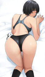 Rule 34 | 1girl, amagami, artist name, ass, bed sheet, black hair, brown eyes, competition swimsuit, from behind, looking back, nanasaki ai, on bed, one-piece swimsuit, sheet grab, short hair, solo, swimsuit, thighhighs, thighs, yoo tenchi