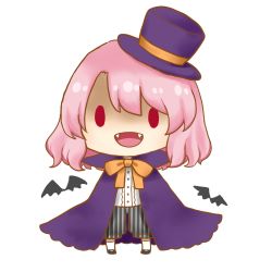 Rule 34 | 1girl, bat (animal), bow, cape, fangs, full body, halloween, halloween costume, hat, lowres, open mouth, pants, pink hair, red eyes, rinui, saigyouji yuyuko, shaded face, shoes, short hair, socks, solo, striped clothes, striped pants, top hat, touhou, transparent background, vampire costume