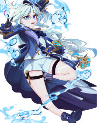 Rule 34 | 1girl, absurdres, bare legs, blue eyes, dress, furina (genshin impact), genshin impact, gloves, highres, holding, holding staff, jobin chan, long hair, long sleeves, looking at viewer, open mouth, smile, solo, staff, thighhighs, water, white background
