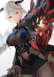 Rule 34 | 1girl, absurdres, aegir (azur lane), azur lane, bare shoulders, black cape, black gloves, bodystocking, breast curtains, breasts, cape, chain, cross, cross earrings, demon horns, dress, dutch angle, earrings, gloves, grey background, highres, horns, jewelry, large breasts, long hair, looking at viewer, medal, microdress, multicolored hair, non-humanoid robot, oxygen mask (oxygenmask233), panties, red hair, revealing clothes, robot, robot animal, simple background, skin tight, solo, streaked hair, string panties, underwear, very long hair, white hair, yellow eyes